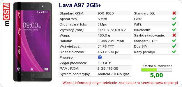 Dane telefonu Lava A97 2GB+