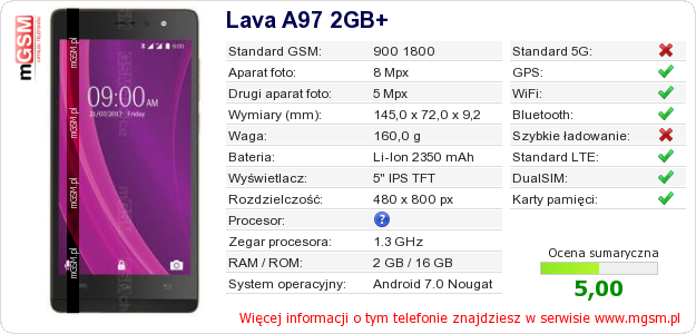 Dane telefonu Lava A97 2GB+