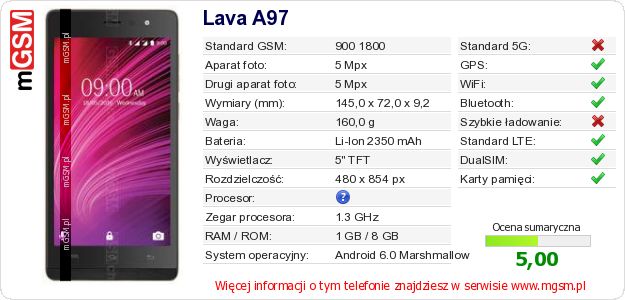 Dane telefonu Lava A97 Dane telefonu Lava A97