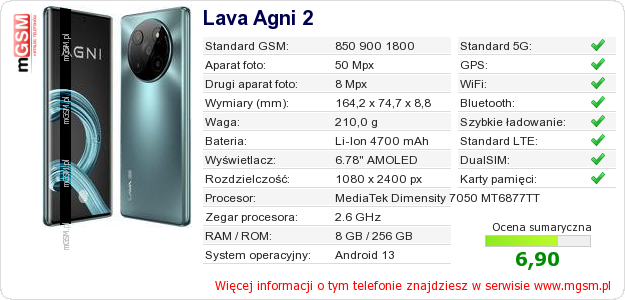 Dane telefonu Lava Agni 2