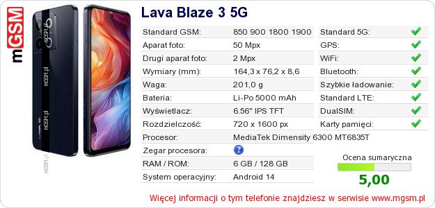 Dane telefonu Lava Blaze 3 5G