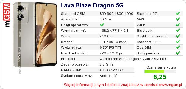 Dane telefonu Lava Blaze Dragon 5G Dane telefonu Lava Blaze Dragon 5G