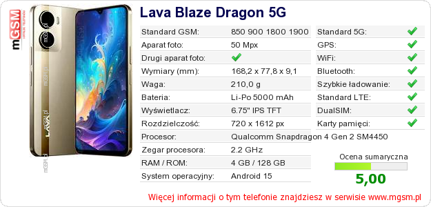 Dane telefonu Lava Blaze Dragon 5G