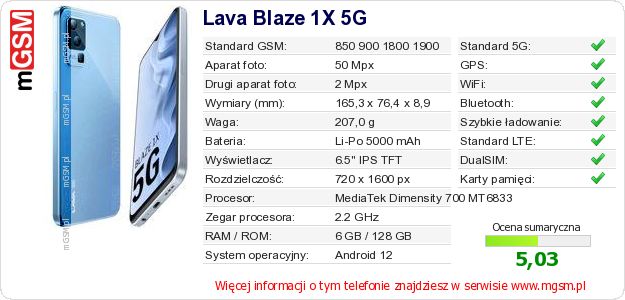 Dane telefonu Lava Blaze 1X 5G Dane telefonu Lava Blaze 1X 5G
