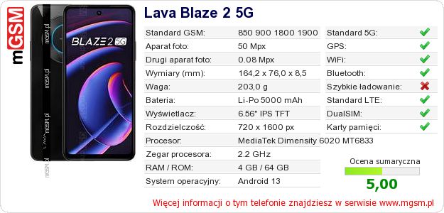 Dane telefonu Lava Blaze 2 5G Dane telefonu Lava Blaze 2 5G