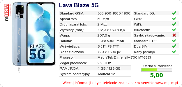 Dane telefonu Lava Blaze 5G Dane telefonu Lava Blaze 5G