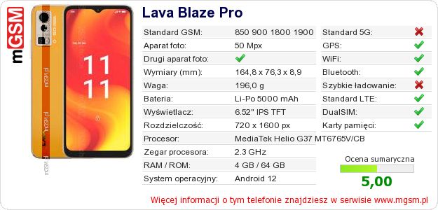 Dane telefonu Lava Blaze Pro Dane telefonu Lava Blaze Pro
