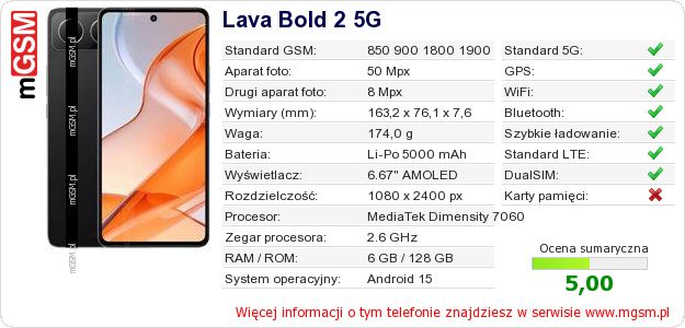 Dane telefonu Lava Bold 2 5G Dane telefonu Lava Bold 2 5G