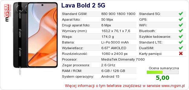 Dane telefonu Lava Bold 2 5G