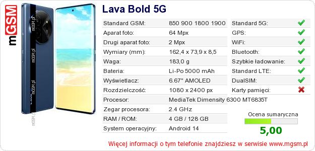 Dane telefonu Lava Bold 5G