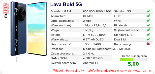 Dane telefonu Lava Bold 5G