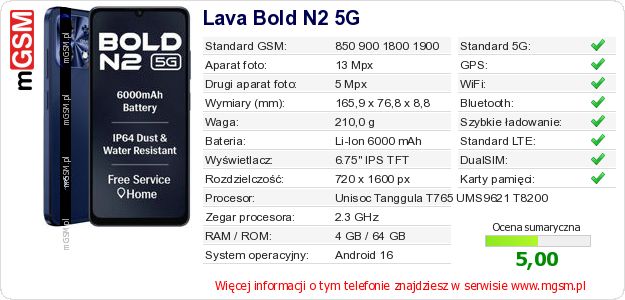 Dane telefonu Lava Bold N2 5G Dane telefonu Lava Bold N2 5G