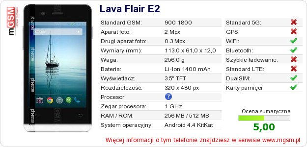 Dane telefonu Lava Flair E2