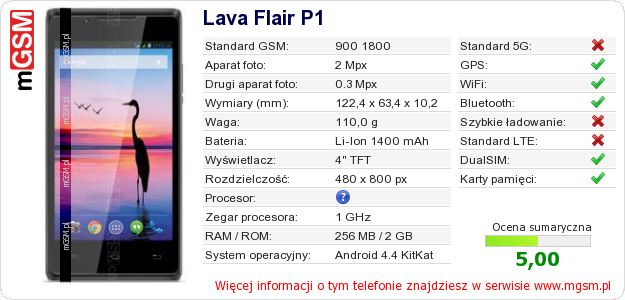 Dane telefonu Lava Flair P1