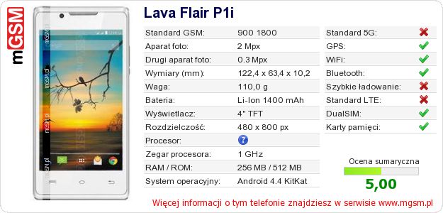 Dane telefonu Lava Flair P1i