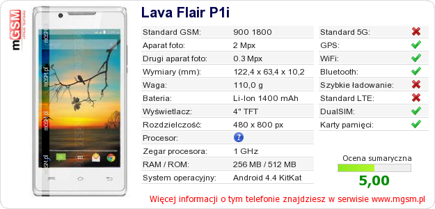 Dane telefonu Lava Flair P1i