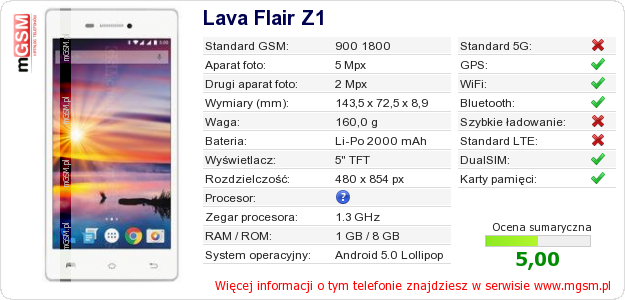 Dane telefonu Lava Flair Z1