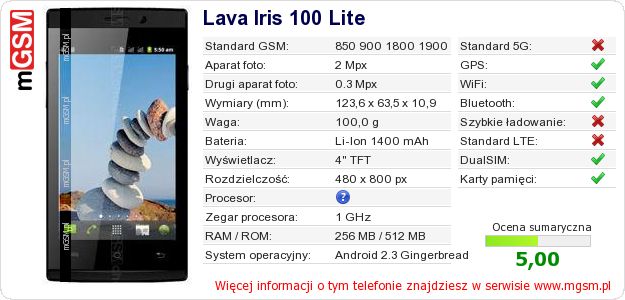 Dane telefonu Lava Iris 100 Lite Dane telefonu Lava Iris 100 Lite