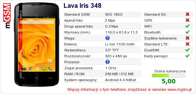 Dane telefonu Lava Iris 348 Dane telefonu Lava Iris 348