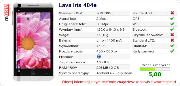 Dane telefonu Lava Iris 404e