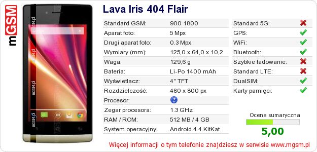 Dane telefonu Lava Iris 404 Flair Dane telefonu Lava Iris 404 Flair