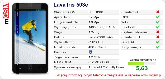 Dane telefonu Lava Iris 503e Dane telefonu Lava Iris 503e
