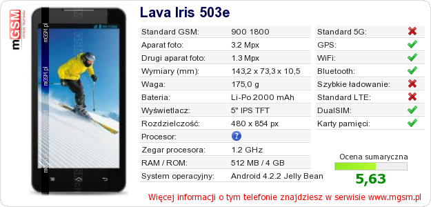 Dane telefonu Lava Iris 503e