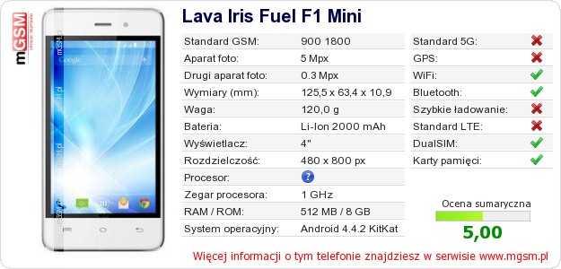 Dane telefonu Lava Iris Fuel F1 Mini