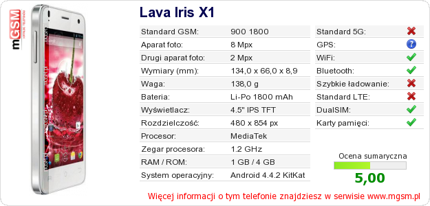 Dane telefonu Lava Iris X1 Dane telefonu Lava Iris X1