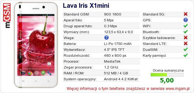 Dane telefonu Lava Iris X1mini Dane telefonu Lava Iris X1mini