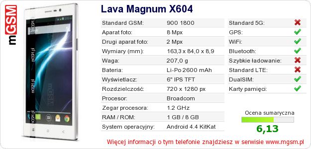 Dane telefonu Lava Magnum X604