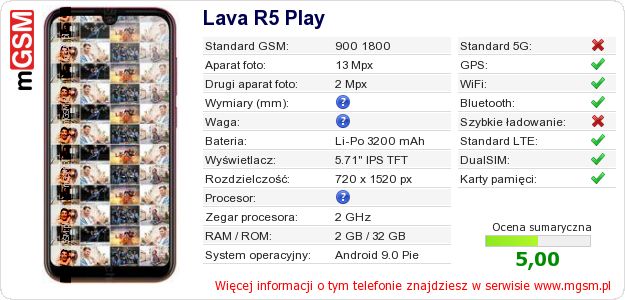Dane telefonu Lava R5 Play