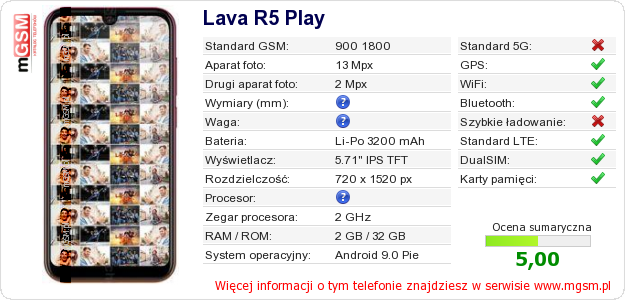 Dane telefonu Lava R5 Play