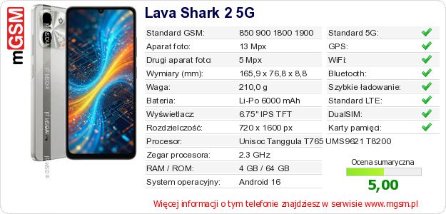 Dane telefonu Lava Shark 2 5G Dane telefonu Lava Shark 2 5G