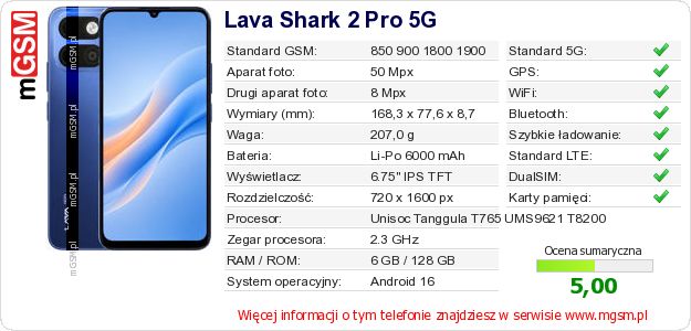 Dane telefonu Lava Shark 2 Pro 5G Dane telefonu Lava Shark 2 Pro 5G
