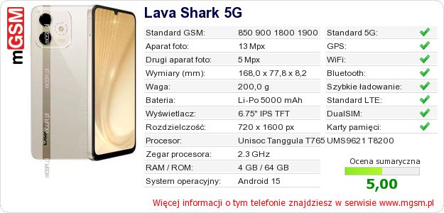 Dane telefonu Lava Shark 5G