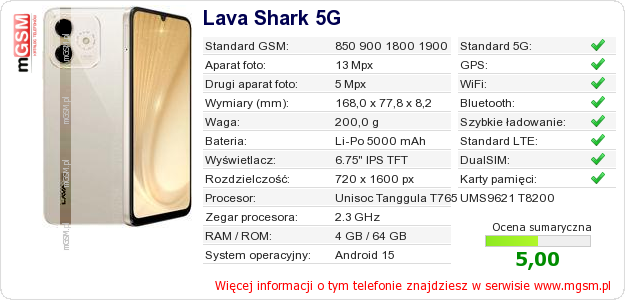 Dane telefonu Lava Shark 5G
