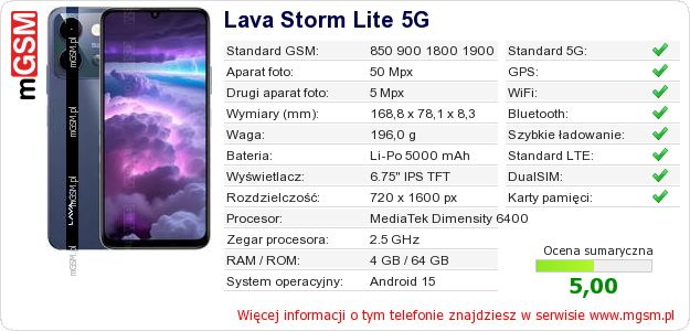 Dane telefonu Lava Storm Lite 5G Dane telefonu Lava Storm Lite 5G
