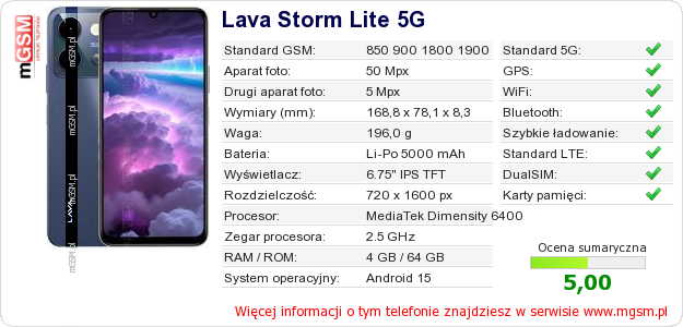 Dane telefonu Lava Storm Lite 5G