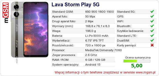 Dane telefonu Lava Storm Play 5G Dane telefonu Lava Storm Play 5G