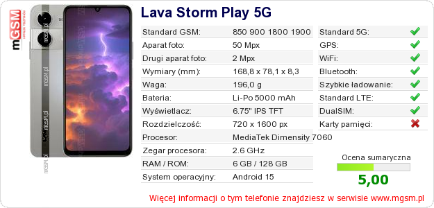 Dane telefonu Lava Storm Play 5G