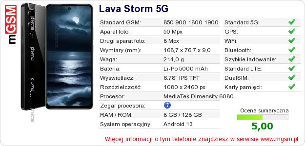 Dane telefonu Lava Storm 5G Dane telefonu Lava Storm 5G