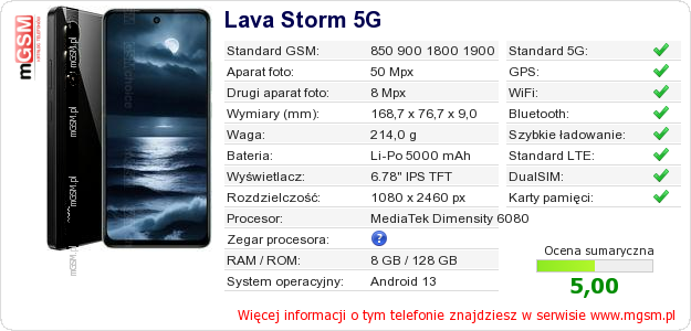 Dane telefonu Lava Storm 5G