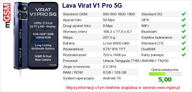 Dane telefonu Lava Virat V1 Pro 5G Dane telefonu Lava Virat V1 Pro 5G