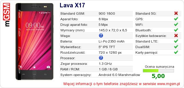Dane telefonu Lava X17 Dane telefonu Lava X17