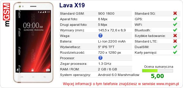 Dane telefonu Lava X19