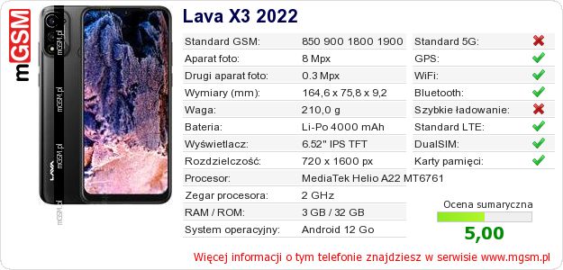 Dane telefonu Lava X3 2022
