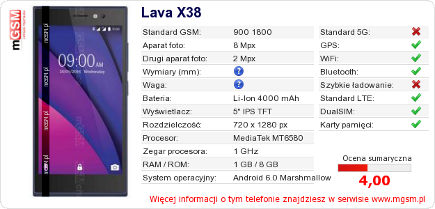 Dane telefonu Lava X38