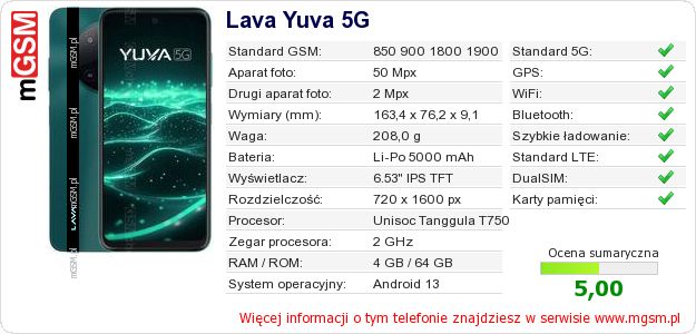 Dane telefonu Lava Yuva 5G Dane telefonu Lava Yuva 5G