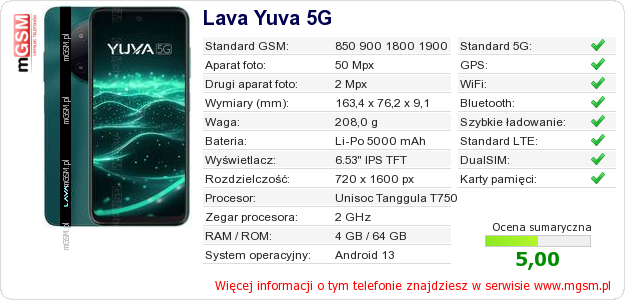 Dane telefonu Lava Yuva 5G